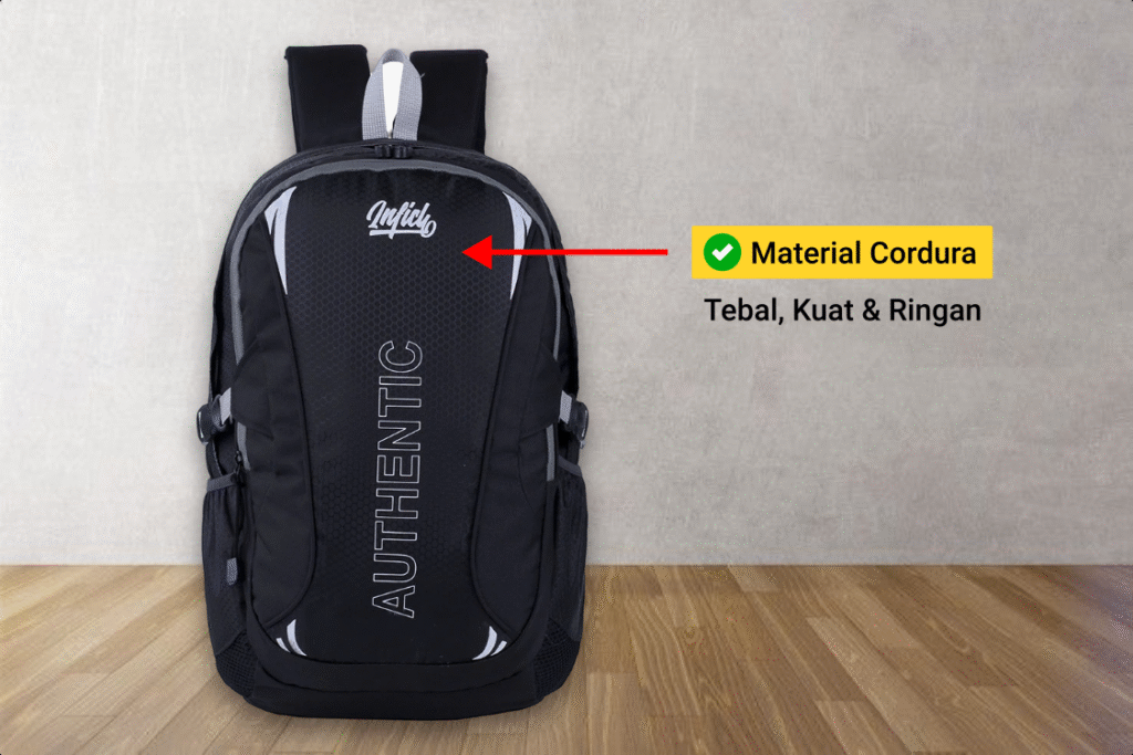 Ransel Inflico BA325IFS warna hitam dengan text overlay āMaterial Cordura: Tebal, KuatĀ & Ringanā.