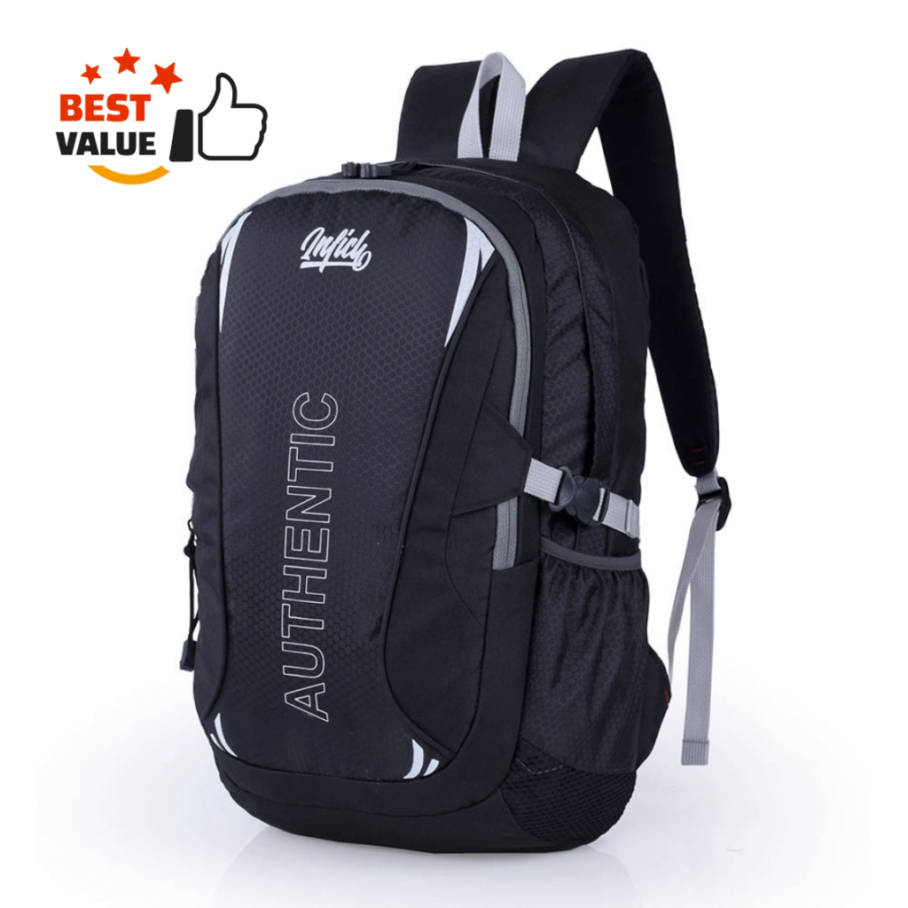 Tas ransel pria Inflico BA325IFS warna hitam, desain stylish untuk kerja dan kuliah. Sticker overlay āBest Valueā.