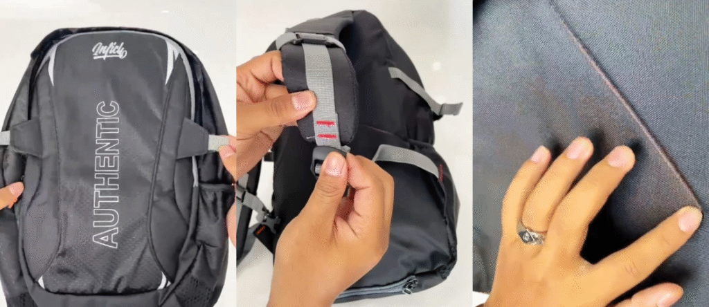 Tangan memegang tas ransel Inflico BA 325 IFS warna hitam, menunjukkan jahitan tas yang rapi dan kuat di berbagai sisi tas.