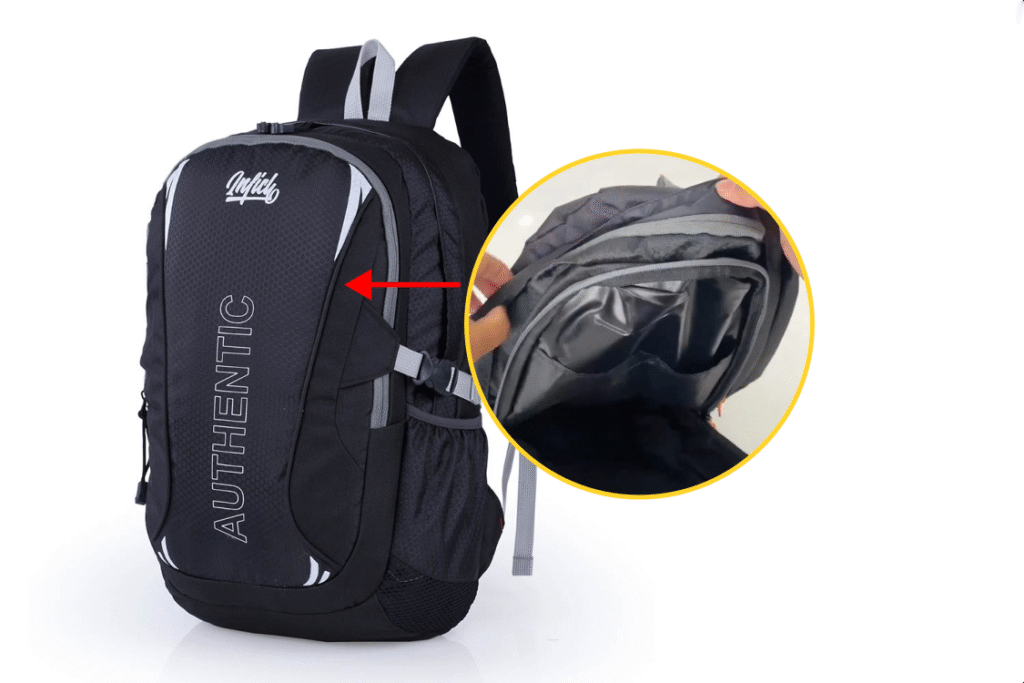 Kompartemen depan tas ranselĀ Inflico BA325IFS dalam kondisi tertutup dan terbuka.