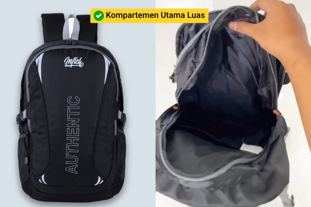 Kompartemen utama tas ransel kerja Inflico BA325IFS dengan text overlay āKompartemen Utama Luasā.