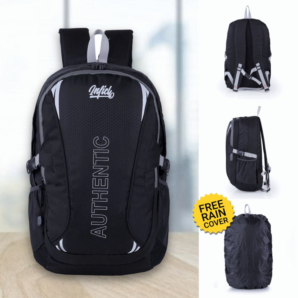 Tas ransel kerja Inflico BA325IFS warna hitam, tampak depan, samping, dan belakang, dengan desain simpel namun stylish.