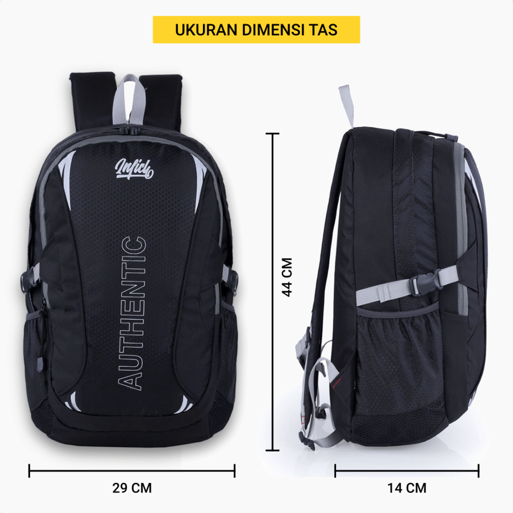 Tas ransel Inflico BA325IFS dengan garis ukuran panjang, lebar, tinggi. Text overlay: āUkuran Dimensi Tasā.