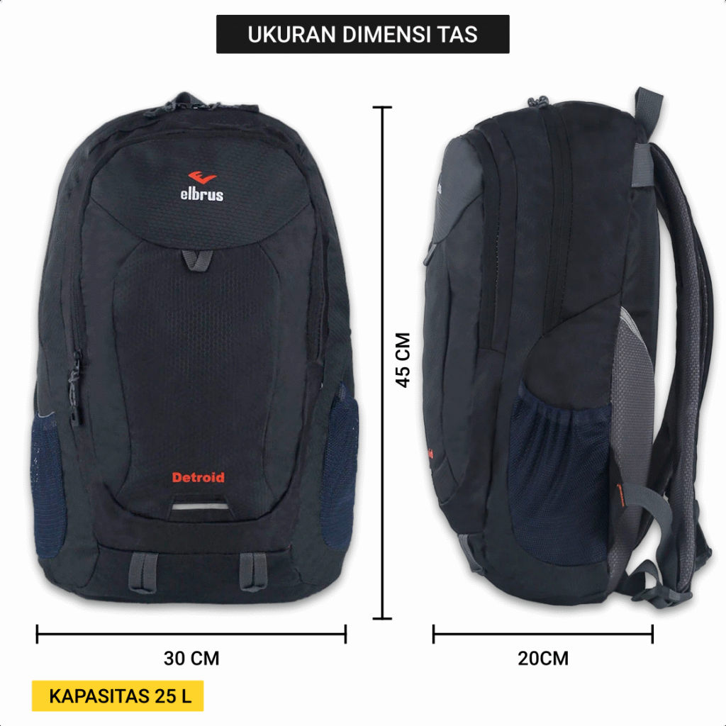 Tas ransel Outvin TL 795 dengan garis ukuran panjang, lebar, tinggi. Text overlay: ‘Ukuran Dimensi Tas’.