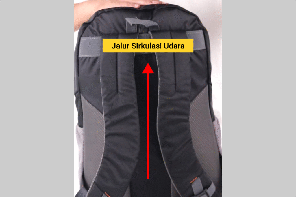 Desain back panel ransel Outvin TL 795 yang ergonomis ditunjukkan tanda panah. Teks overlay: "Jalur Sirkulasi Udara".