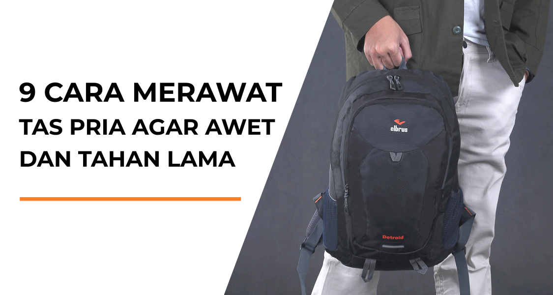 Pria membawa tas ransel kerja Outvin TL 795, desain stylish warna hitam. Teks judul: "9 Cara Merawat Tas Pria Agar Awet".